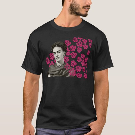 Frida Kahlo print, farbige Blume, schwarz und weiß T-Shirt (Vorderseite)