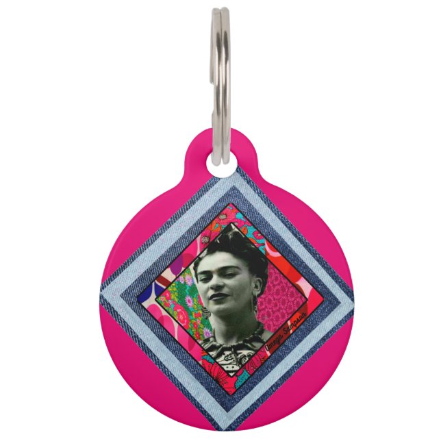 Frida Kahlo Retro Denim Diamond Haustiermarke (Vorderseite)