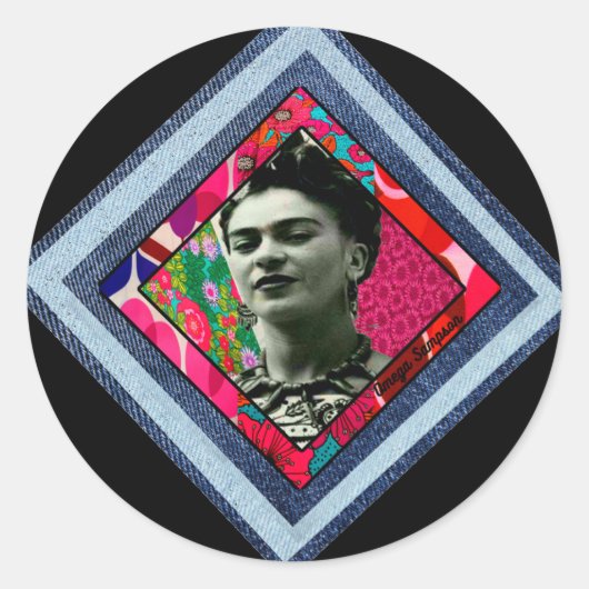 Frida Kahlo Retro Denim Diamond Runder Aufkleber (Vorderseite)