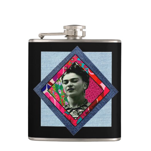 Frida Kahlo Retro Pink Denim Flachmann (Vorderseite)