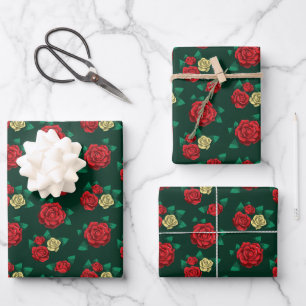 Frida Kahlo Roter und goldener Rosenmuster Geschenkpapier Set
