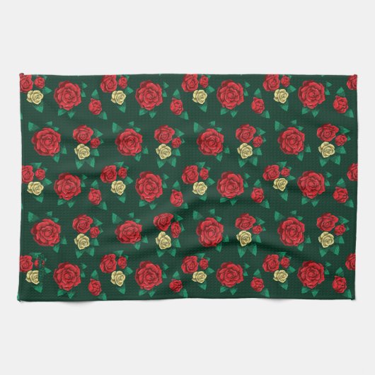 Frida Kahlo | Rotes und GoldRosen-Muster Geschirrtuch (Horizontal)