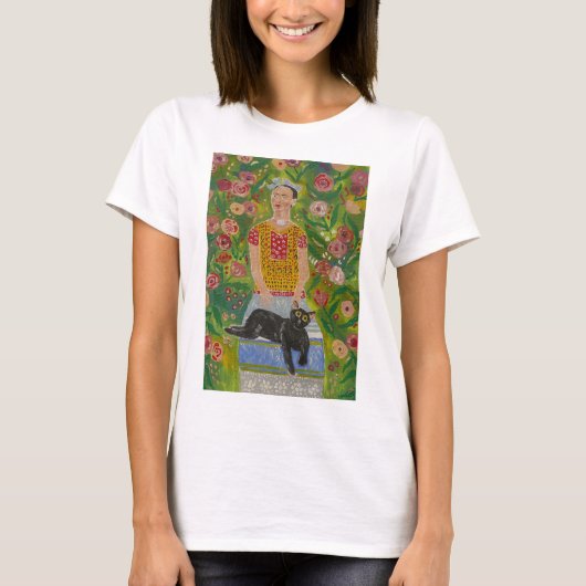 Frida Kahlo und ihre Schwarze Katze unter Rose T-Shirt (Vorderseite)