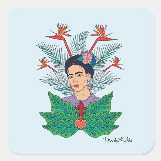 Frida Kahlo | Vögel von Paradies, florale Grafik Quadratischer Aufkleber (Vorderseite)