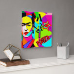 Frida POP ART Quadratische Wanduhr<br><div class="desc">"Frida Lives" mit einem bunten Pop-Kunstportrait von Frida Kahlo - Square Wall Clock,  POP ART Style by O.M. Design</div>