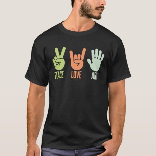 "Friede, Liebe, Kunst - Handzeichen-Design" T-Shirt (Vorderseite)