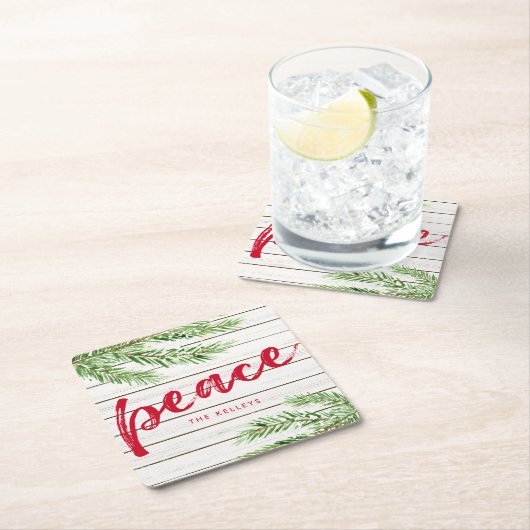 Friede, Snowy Evergreen Personalisiert Rechteckiger Pappuntersetzer (Vor Ort)