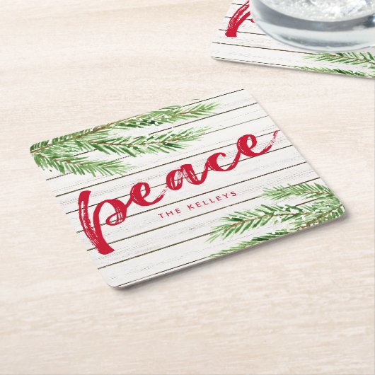 Friede, Snowy Evergreen Personalisiert Rechteckiger Pappuntersetzer (angewinkelt)