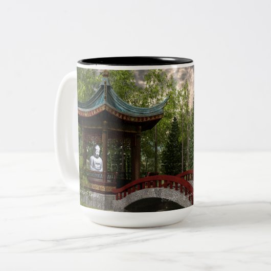 Frieden aus, Buddha-Zitat Zweifarbige Tasse (Vorderseite Links)