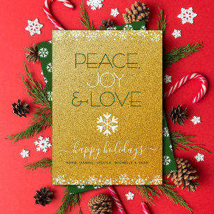Frieden Freude Liebe Typografie Schneeflocke Gold  Feiertagskarte