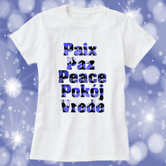 Frieden in vielen Sprachen Herzen Blau T-Shirt