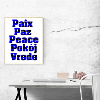 Frieden in vielen Sprachen Schwarz und Blau Herz Poster