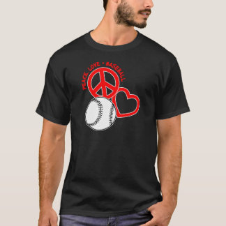 Frieden-Liebe-Baseball, auf schwarzem Rot T-Shirt