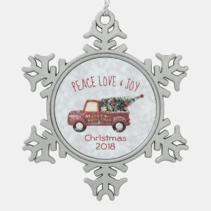 Frieden Liebe & Freude Spielzeug-LKW Frohe Weihnac Schneeflocken Zinn-Ornament