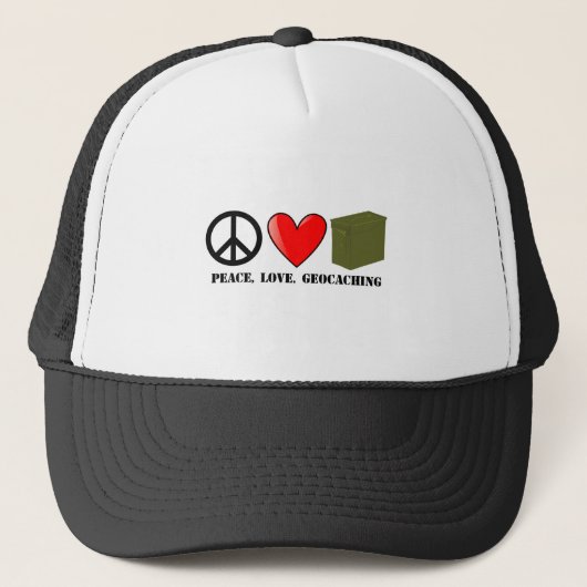 Frieden, Liebe, Geocaching Truckerkappe (Vorderseite)