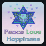 Frieden Liebe Glück Quadratischer Aufkleber<br><div class="desc">Hearts,  Star of David und die Worte "Peace Liebe Happiness" sind eine schöne Art,  Happy Hanukkah zu sagen.</div>