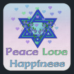 Frieden Liebe Glück Quadratischer Aufkleber<br><div class="desc">Hearts,  Star of David und die Worte "Peace Liebe Happiness" sind eine schöne Art,  Happy Hanukkah zu sagen.</div>