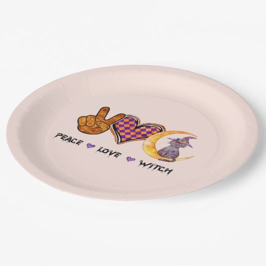 Frieden, Liebe, Hexe Pappteller (Schrägansicht)