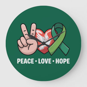Frieden Liebe Hoffnung - Grüne Schleife Awareness Große Wanduhr