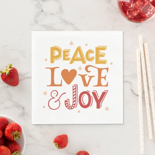 Frieden Liebe Joy. Weihnachtsgelbe rote Schrift Serviette (Beispiel)