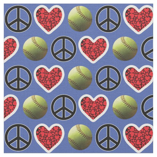 Frieden, Liebe, Softball on Blue Design Stoff (Nahaufnahme)