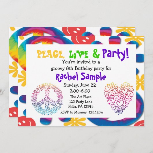 Frieden, Liebe u. Party Einladung (Vorne/Hinten)