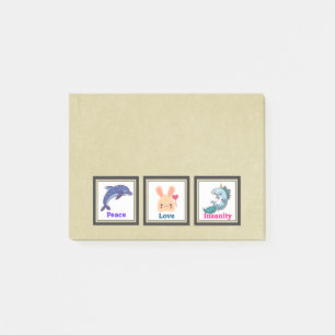 Frieden Liebe Wahnsinn mit Dolphin Bunny Unicorn Post-it Klebezettel
