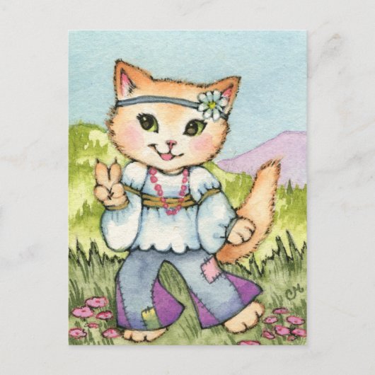 Frieden - Niedlicher Hippie 60er Katze Kunst Postkarte (Vorderseite)