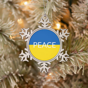 Frieden Ukraine Fahne blauer gelber Sondertext Schneeflocken Zinn-Ornament