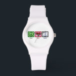 Frieden und Liebe Armbanduhr<br><div class="desc">Ein niedliches Geschenk für Anwälte,  Anwälte,  Richter oder Juristen. Ein Friedenszeichen,  Herz und die Waage der Gerechtigkeit. Ein gutes Jurastudium für jemanden,  der gerade die Bar bestanden hat!</div>