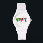 Frieden und Liebe Armbanduhr<br><div class="desc">Ein niedliches Geschenk für Anwälte, Anwälte, Richter oder Juristen. Ein Friedenszeichen, Herz und die Waage der Gerechtigkeit. Ein gutes Jurastudium für jemanden, der gerade die Bar bestanden hat!</div>