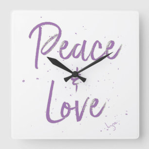 FRIEDEN und Liebe-Lila Quadratische Wanduhr
