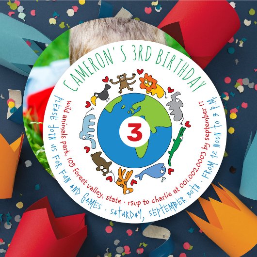 Frieden und Liebe Niedliche Cartoon Tiere der Welt Einladung