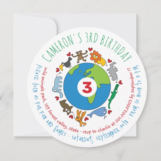 Frieden und Liebe Niedliche Cartoon Tiere der Welt Einladung (Vorderseite)