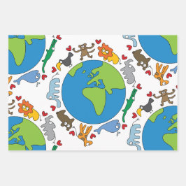 Frieden und Liebe Niedliche Cartoon Tiere der Welt Geschenkpapier Set