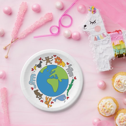 Frieden und Liebe Niedliche Cartoon Tiere der Welt Pappteller (Party)