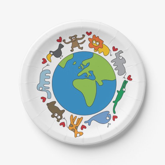 Frieden und Liebe Niedliche Cartoon Tiere der Welt Pappteller (Vorderseite)