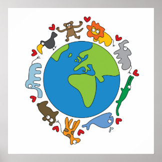 Frieden und Liebe Niedliche Cartoon Tiere der Welt Poster