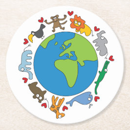 Frieden und Liebe Niedliche Cartoon Tiere der Welt Runder Pappuntersetzer