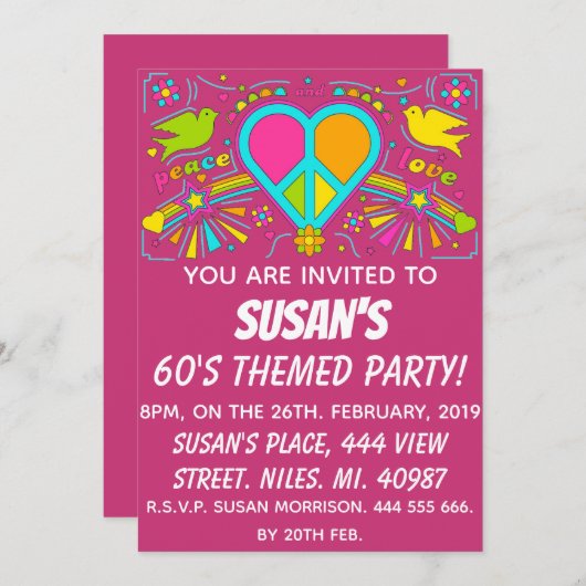 Frieden und Liebe. Themed Party der 60er Jahre. Einladung (Vorne/Hinten)