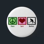 Friedens-Liebe-Feldhockey Button<br><div class="desc">Friedensschild,  Herz und Silhouette eines Feldhockeyspielers in Aktion.</div>