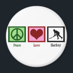Friedens-Liebe-Feldhockey Magnet<br><div class="desc">Friedensschild,  Herz und Silhouette eines Feldhockeyspielers in Aktion.</div>