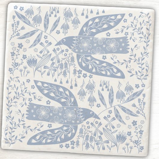 Friedens Tauben Vögel und Wildblumen Blau Steinuntersetzer