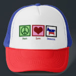 Friedensdemokratie Liebe Truckerkappe<br><div class="desc">Niedliches Geschenk für einen Liberalen. Ein Friedenszeichen,  ein rotes Herz und ein blauer,  demokratischer Esel.</div>