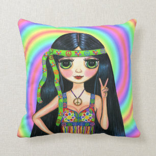 Friedensheraus Mädchenhippie-blinkendes Kissen