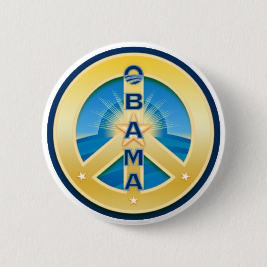Friedensknopf Obama Goldstar, rund auf Weiß Button (Vorderseite)