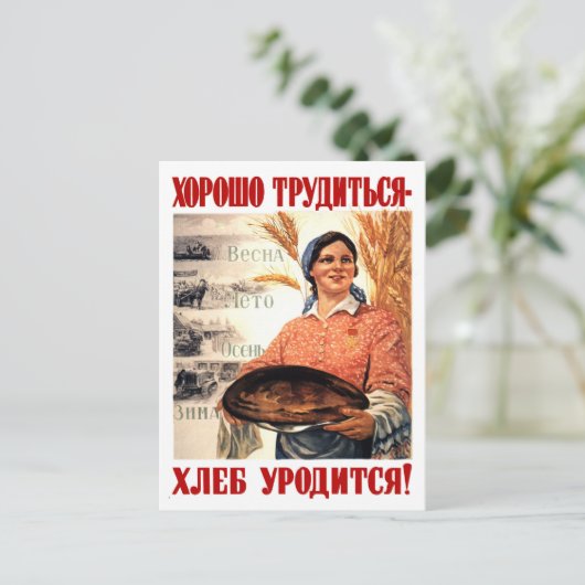 Friedensland und Brot, Frau, sowjetische Propagand Postkarte (Stehend Vorderseite)