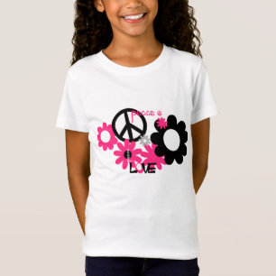 FriedensLiebe und Blumen heißes Rosa und Schwarzes T-Shirt