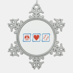 FriedensLiebesoftball-Quadrate Schneeflocken Zinn-Ornament