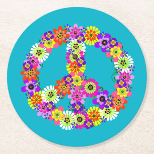 Friedensschild floral auf Türkis Runder Pappuntersetzer